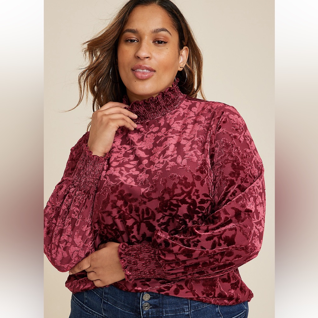 Maurices Velvet Floral Burnout Mock Neck Top Deep Red Size Xxl